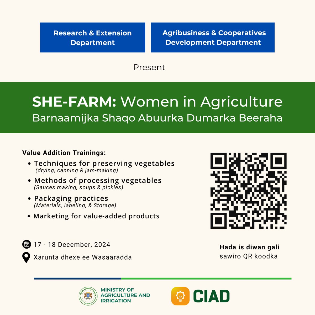 ciad_moai's tweet photo. 📢 Are you an entrepreneur in agriculture or aspiring to start a small agribusiness? This is your chance!
🌱🚀 Learn essential skills in agro-value addition (pickling, drying, sauce, &amp; jam making).

30 spots (4 women). Apply now! 
#WomenInAgriculture #ciad @MOASomalia https://t.co/UoZNCSU9Rv