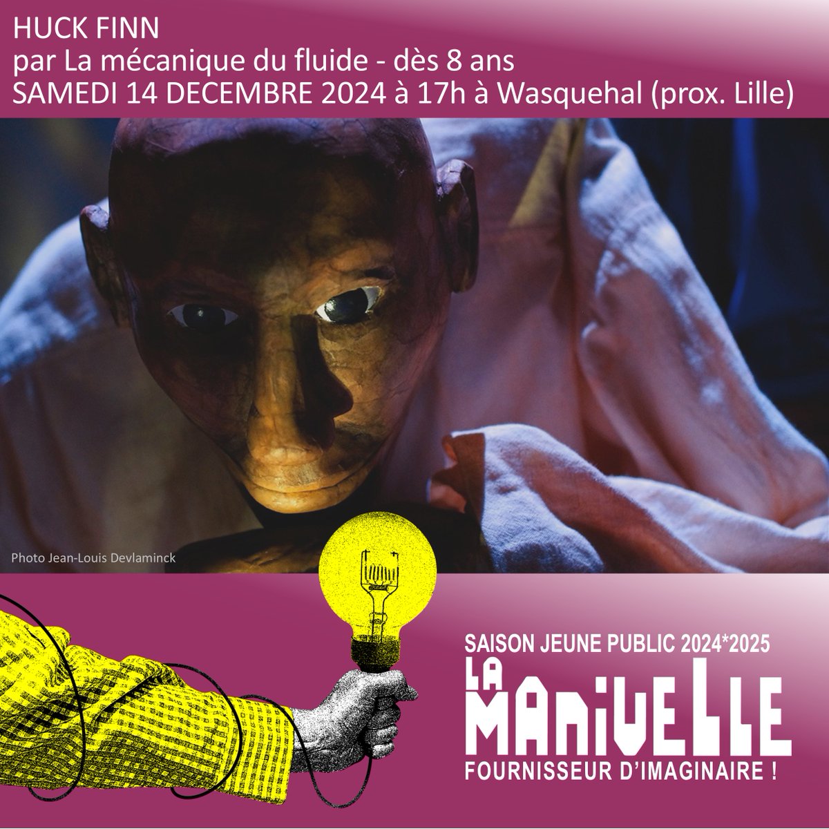 Spectacle #jeunepublic à @lamanivelle #theatre #wasquehal / "Huck Finn" d'après Mark Twain dès 8 ans / samedi 14 décembre à 17h. Infos et réservations sur lamanivelletheatre.com

#tomsawyer #marktwain