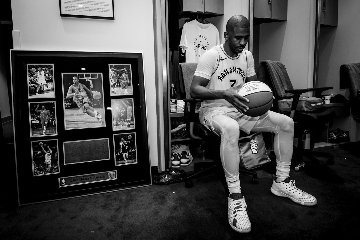 Ballislife's tweet photo. Chris Paul was given a ball and plaque with the names of every teammate he ever assisted to on his way to 2nd all-time in assists! 

"I swear, man. I'm so grateful. To be away from my family, y'all became my family. I know I'm a lot to deal with on the court. But I just love to hoop and I hope y'all get this opportunity to play as long as I have. Thank y'all so much."