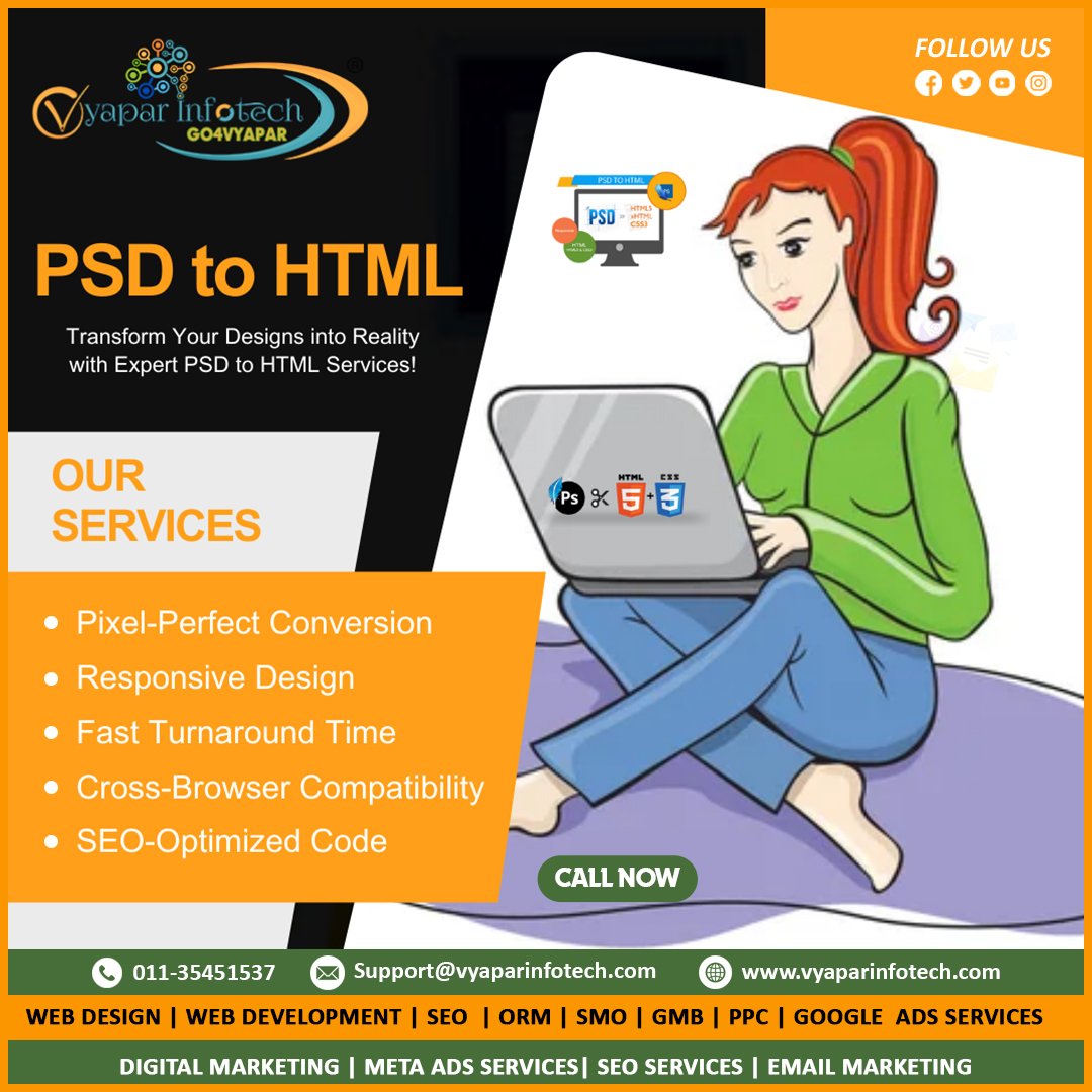 VyaparInfotech's tweet image. 🚀 Transform Your Designs into Responsive Realities!
At Vyapar Infotech, we turn your creative PSD designs into fully functional, responsive, and pixel-perfect HTML web pages. ✨
Call us today for expert PSD to HTML services!

#PSDtoHTML #HTMLConversion #WebDesign   #HTMLExperts