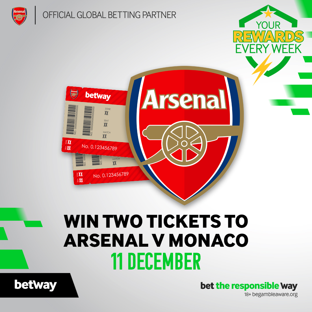 betway's tweet image. We’re giving away a pair of tickets to see @Arsenal v Monaco on Wednesday 11 December!  

To enter:  
⚽ Follow our account  
⚽ Like this post  
⚽ Comment tagging the person you’d take to the game  

Entries close 1pm Tuesday 10 December. Ts and Cs: blog.betway.com/football/arsen…