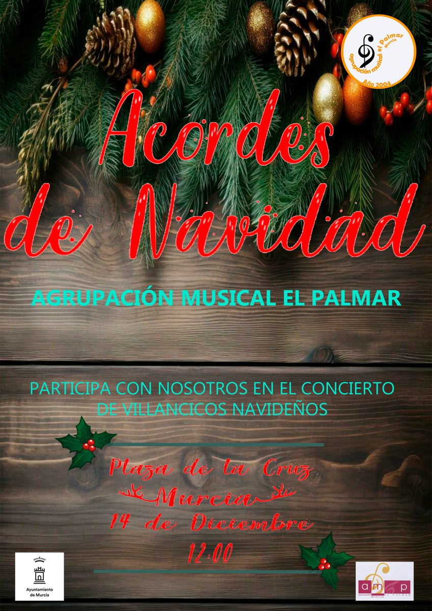 "ACORDES DE NAVIDAD"
SÁBADO 14 DE DICIEMBRE
12:00
PLAZA DE LA CRUZ  (MURCIA)
<a href="/febandasrmurcia/">Federación Bandas de Música de la Región de Murcia</a> <a href="/BandasEventos/">Eventos de Bandas</a> <a href="/murcianico79/">Antonio Hernández ©️</a> <a href="/AytoMurcia/">Ayuntamiento de Murcia</a> <a href="/CulturaMurcia/">Cultura de Murcia</a> <a href="/AznarGines/">Gines Aznar</a> <a href="/CESociedadesM/">CESM</a> <a href="/enclavecultura/">EnClave Cultura</a>