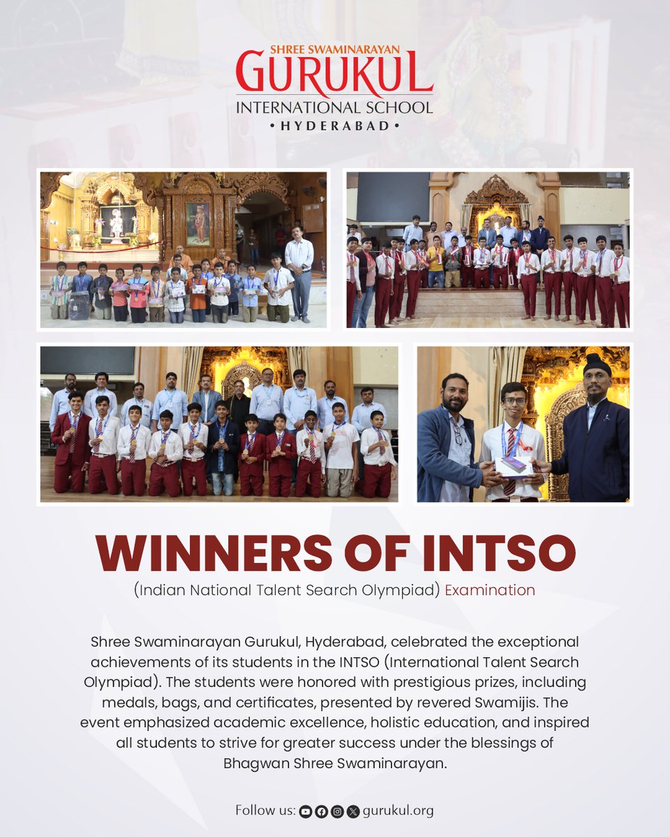 gurukul_org's tweet photo. Shree Swaminarayan Gurukul, Hyderabad, proudly honors students for outstanding INTSO achievements! Medals and gifts were awarded, inspiring all under divine blessings.

Follow for more updates: https://t.co/DHuiY5UIdK

#gurukul #gurukulhyderabad #INTSO https://t.co/c0XHUHsiCa