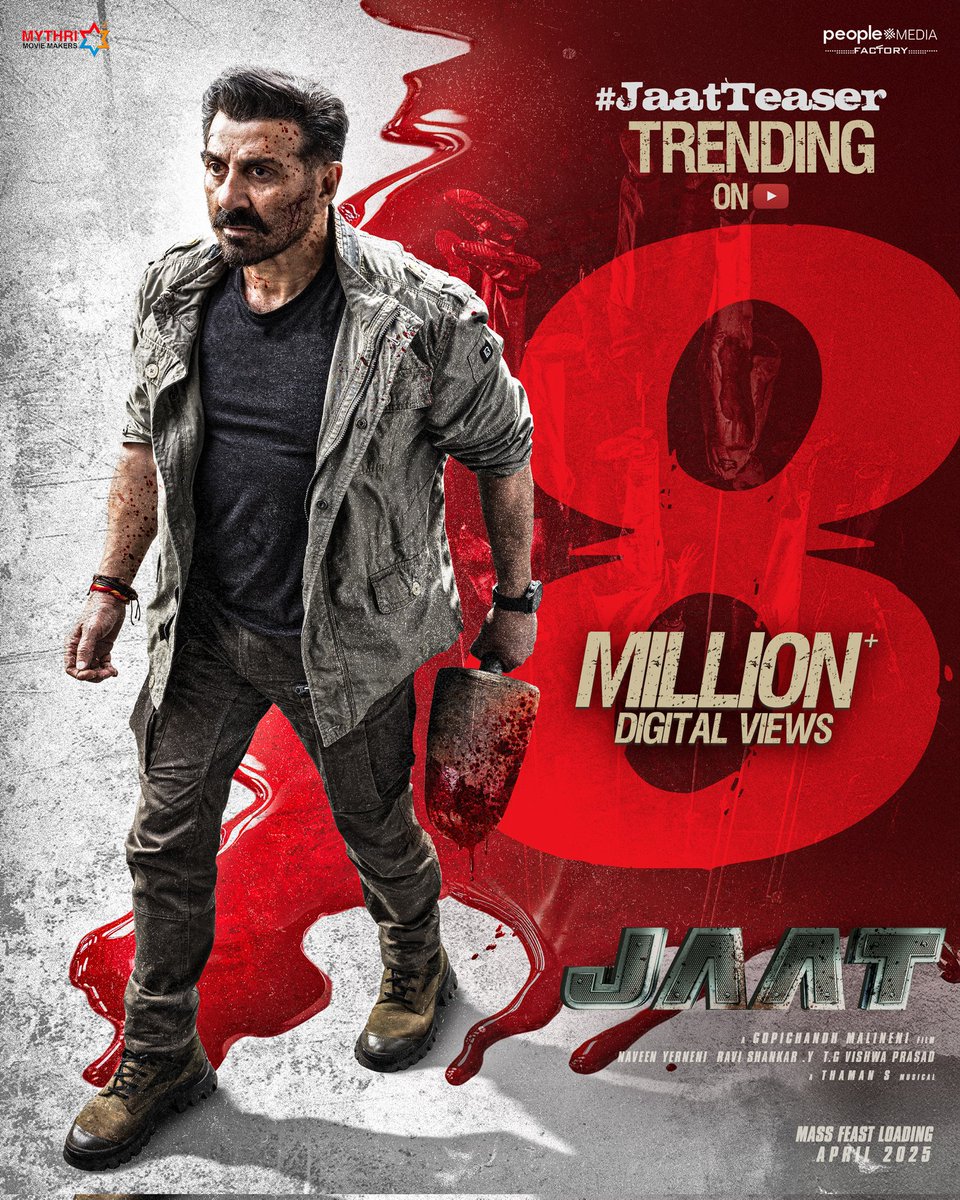 MythriOfficial's tweet photo. The #JaatTeaser storm is 8 MILLION strong and is
Trending on YouTube 💥💥
  
Watch the electrifying teaser now!
▶️ https://t.co/8dECt1sF3d

MASS FEAST loading 💥
#JAAT in cinemas April 2025 🔥

Starring Action Superstar @iamsunnydeol
Directed by @megopichand 
Produced by @MythriOfficial & @peoplemediafcy 
A @MusicThaman Mass Beat 

@RandeepHooda @vineetkumar_s @ReginaCassandra #SaiyamiKher @RishiPunjabi5 @artkolla @NavinNooli @MaxMediaSai @AdityaChembolu