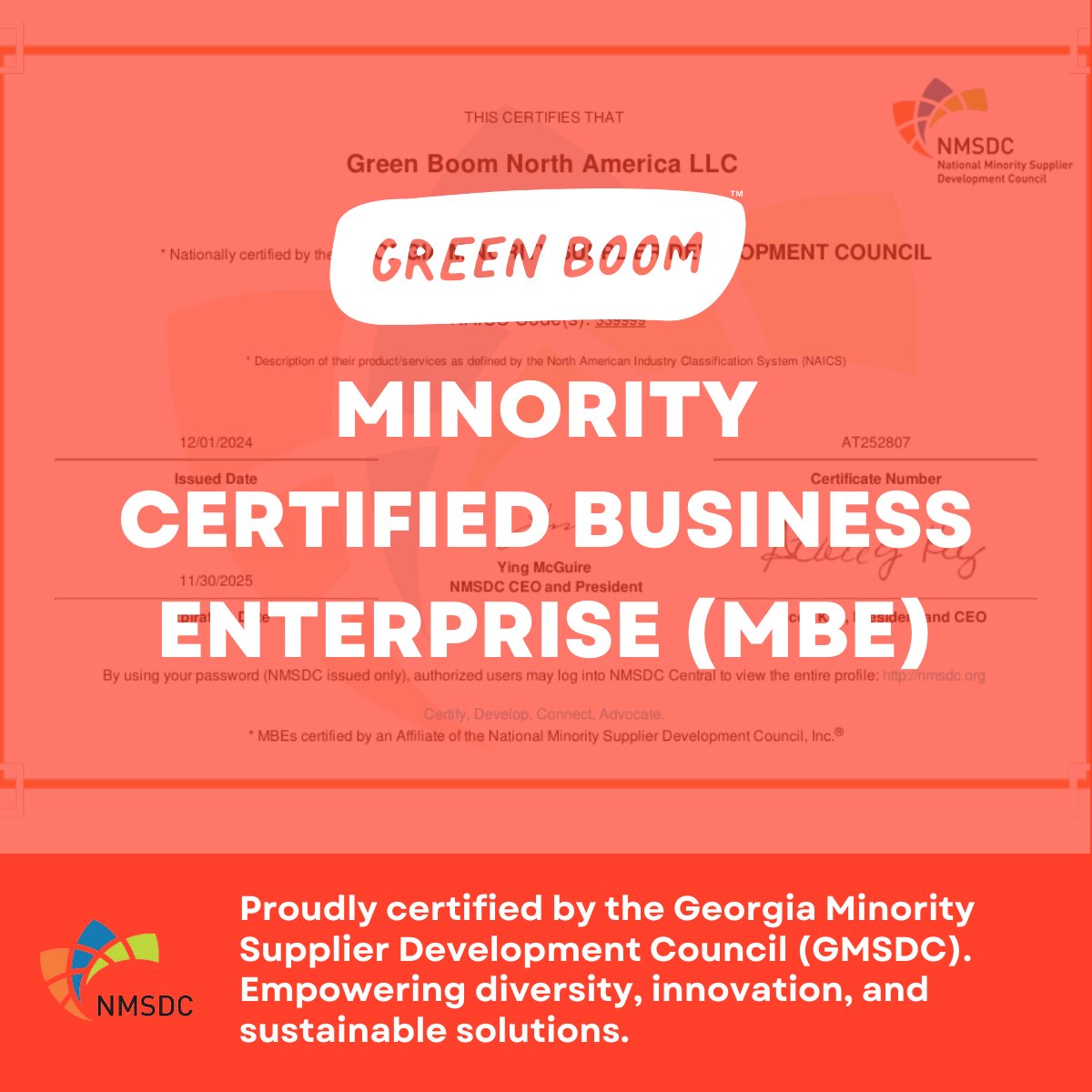 We are proud to announce that Green Boom is officially recognized as a Minority Certified Business Enterprise (MBE) by the Georgia Minority Supplier Development Council (GMSDC)!

Read more about us: greenboom.com

#SupplierDiversity #MinorityCertified #Sustainability