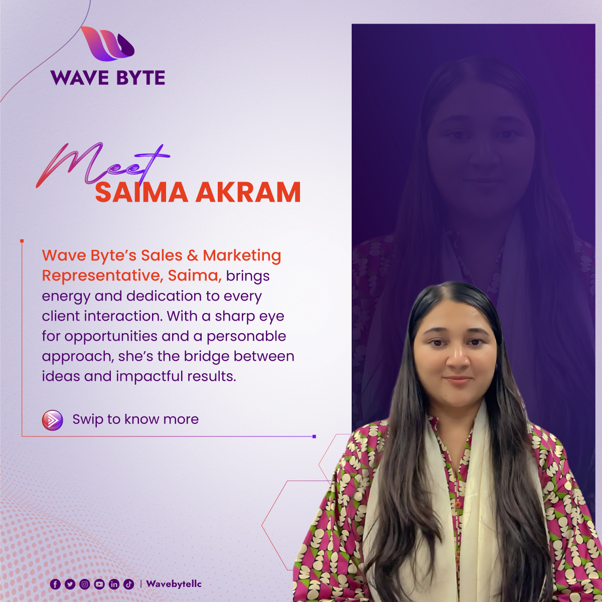wavebytellc's tweet photo. 𝗠𝗲𝗲𝘁 𝗦𝗮𝗶𝗺𝗮 𝗔𝗸𝗿𝗮𝗺!  🤝

Wave Byte’s Sales &amp; Marketing Representative. With her dedication and expertise, Saima bridges ideas with impactful results, helping us deliver value to our clients every day.

----------------------
#WaveByte #MeetTheTeam #SalesAndMarketing https://t.co/hIAqqwzpNb