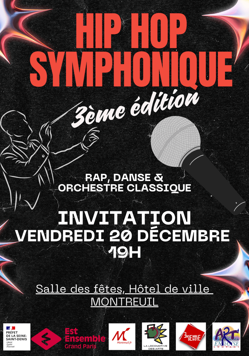 mathieu_braud's tweet photo. A vos réservations (gratuites) pour notre super hip hop symphonique le 20 décembre à 19h en Mairie de Montreuil.

10 rappeurs, 10 danseurs et un orchestre !

A vous voir : https://t.co/44kMHM5bkB https://t.co/f2khoZJMdB