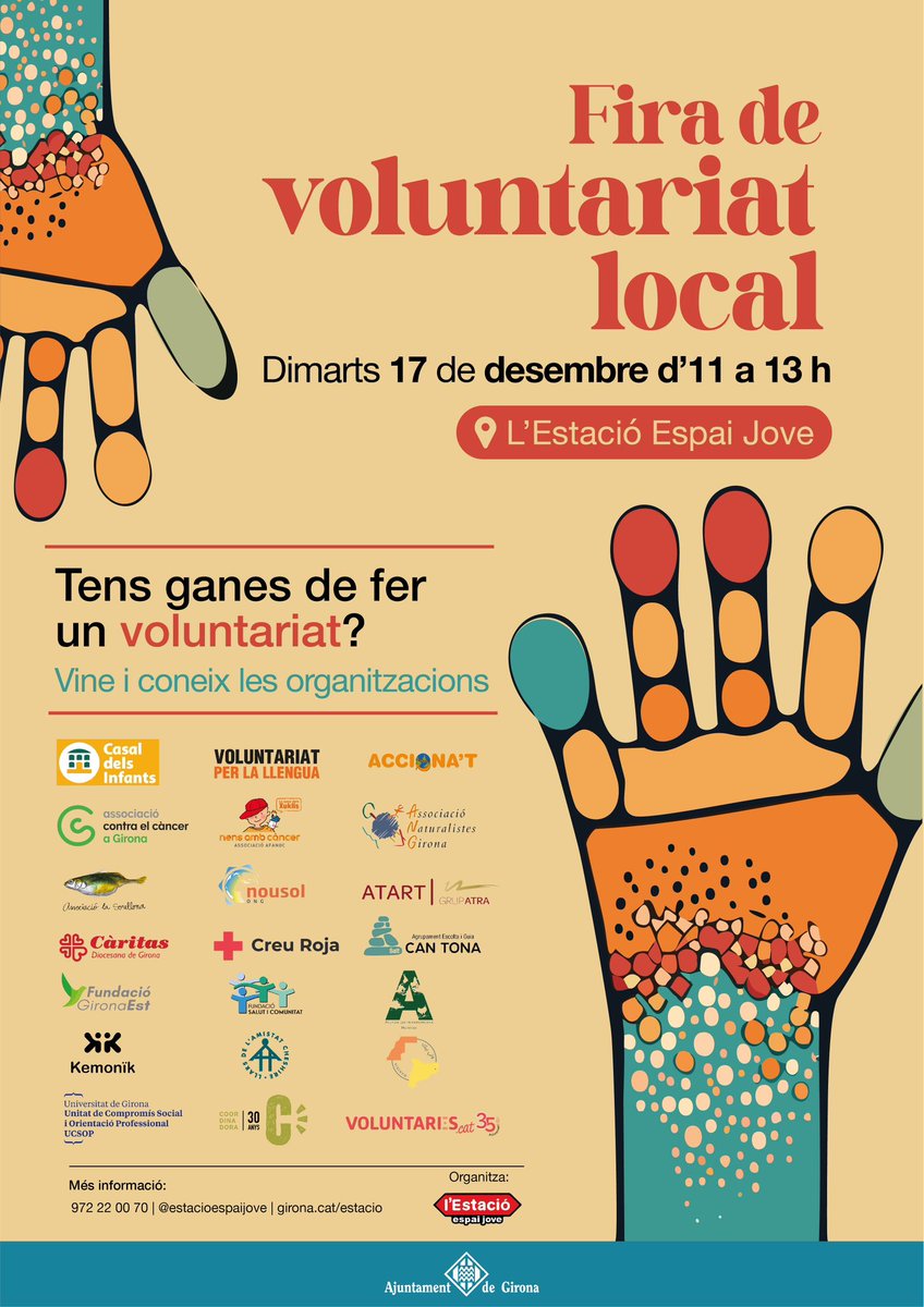 Vols involucrar-te i conèixer diferents projectes de voluntariat local a Girona i rodalies?

No et perdis aquesta fira on podràs conèixer organitzacions i projectes molt diversos.

🗓️ Dimarts 17 de desembre de les 11 a les 13 h
📍L'Estació

+INFO: bit.ly/4gpifJT