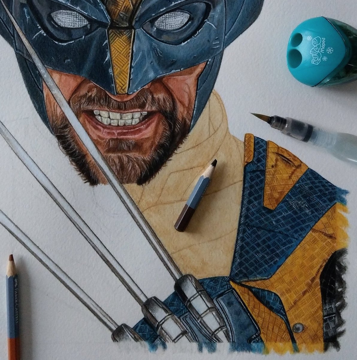 PlouviezDidier's tweet photo. Wolverine drawing in progress...

Traditional handmade drawing, watercolor  pencils on A3 "Arches" watercolor paper...
 
#wolverine #hughjackman #deadpool3 #deadpoolandwolverine #wolverineart #wolverinedrawing  #watercolor #watercolordrawing #watercolorpencils #wolverinefanart https://t.co/rpO6qWQ0u0
