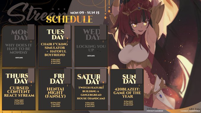 THIS WEEK'S SCHEDULE ✨⚔️ (DEC 9 - 15) 
WE'RE GONNA MAKE IT edition
? Kiriya/ProjectorZero
#aledraw https://t