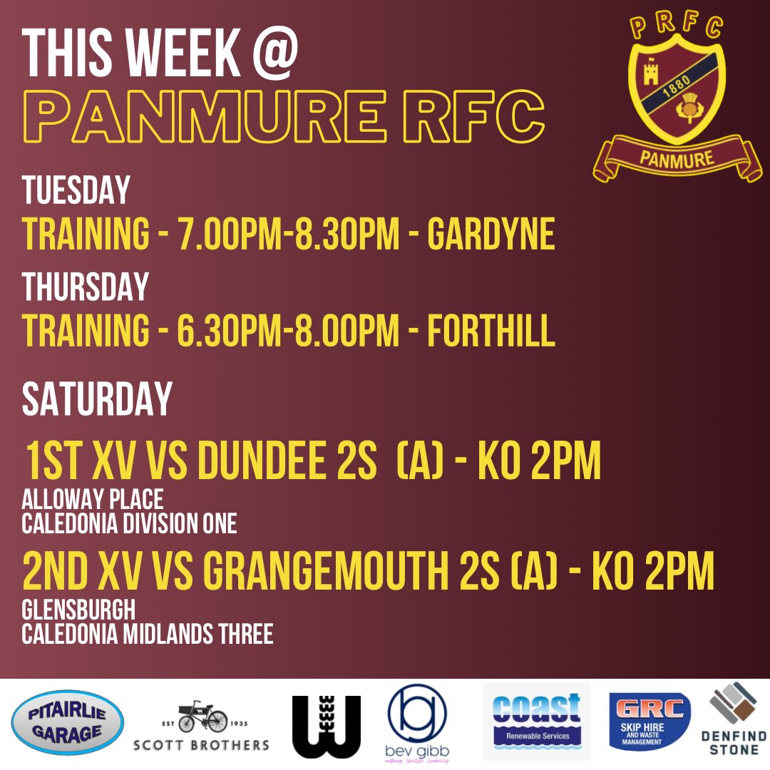 🏉We round off 2024 with two away games ⬇️ 

1st XV make the short trip along the road whilst the 2nd XV travel to Grangemouth. Training continues as normal, Tuesday at Gardyne, Thursday at Forthill.

#PlayUpPanmure