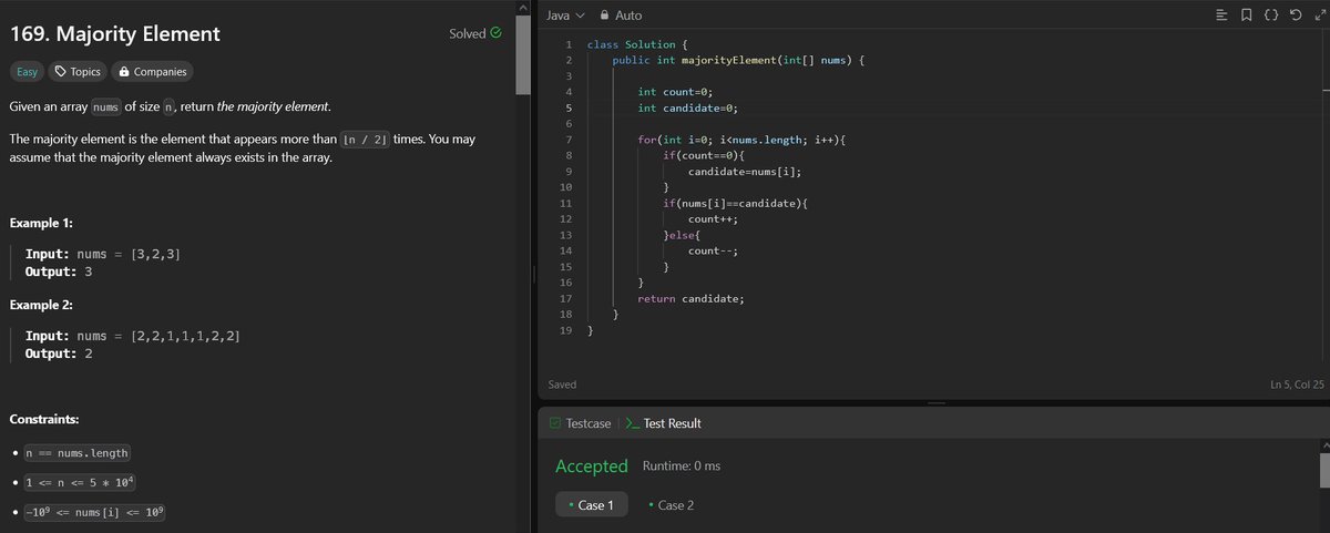 pallavimdb's tweet image. Just solved #Leetcode 169: Majority Element using Moore's Voting Algorithm! 💡 A better way to find the majority element in O(n) time with O(1) space.
Sometimes the smartest algorithms are also the simplest. 🚀✨ #Coding #Algorithms #Java #DSA