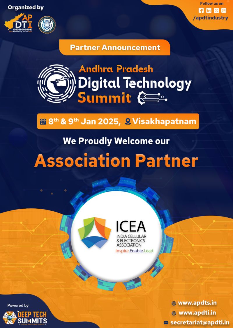 apdtindustry's tweet image. We are thrilled to announce @ICEA_India as #AssociationPartner for #AP Digital Technology Summit 2025 (#APDTS25) in #Visakhapatnam

𝐑𝐞𝐠𝐢𝐬𝐭𝐞𝐫 𝐚𝐭: apdts.in/register/ 

#DigitalTechnologySummit #TechSummit #Vizag #Digital #ICEA #Cellular #Electronics