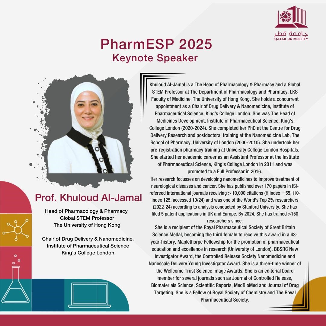 Dr Muhammad A. Hadi (@hadi_pharmprac) on Twitter photo Pleased and honoured to announce <a href="/aljamal_khuloud/">Khuloud Al-Jamal FRPharmS FRSC</a> as our keynote speaker. Join us <a href="/PharmESP25/">Pharmacy Education Science & Practice Conference</a>. Abstract submission still open, submit yours now at qu.edu.qa/en-us/conferen… Pleased and honoured to announce <a href="/aljamal_khuloud/">Khuloud Al-Jamal FRPharmS FRSC</a> as our keynote speaker. Join us <a href="/PharmESP25/">Pharmacy Education Science & Practice Conference</a>. Abstract submission still open, submit yours now at qu.edu.qa/en-us/conferen…