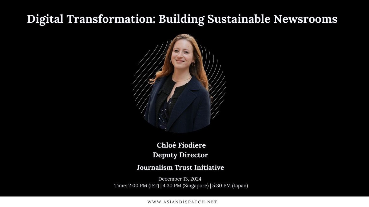 Asian Dispatch (@asiandispatch_) on Twitter photo Thrilled to have Chloé Fiodiere, Deputy Director at <a href="/jti_standard/">Journalism Trust Initiative</a>, at our Dec 13 Workshop on #DigitalTransformation with <a href="/KASMediaAsia/">KAS Media Programme Asia</a>! She’ll be introducing the organisation how it’s helping #newsrooms build credibility in the digital age. Thrilled to have Chloé Fiodiere, Deputy Director at <a href="/jti_standard/">Journalism Trust Initiative</a>, at our Dec 13 Workshop on #DigitalTransformation with <a href="/KASMediaAsia/">KAS Media Programme Asia</a>! She’ll be introducing the organisation how it’s helping #newsrooms build credibility in the digital age.