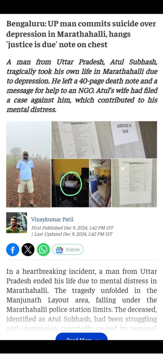 Compromised Indian media labels a man as "depressed" for taking his own life, rather than acknowledging he was "harassed by  judiciary," despite his 82-minute-long video detailing torture he faced through  Indian legal system.
#JusticeisDue
#Legalterror

x.com/AtulSubhas1913…