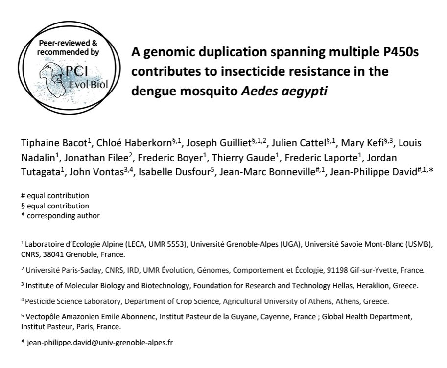 🔍1+ publication by #INOVEC partners! 📷Our collaborators from <a href="/CNRS/">CNRS 🌍</a>, <a href="/UGrenobleAlpes/">Université Grenoble Alpes</a> &amp;
<a href="/FORTH_ITE/">FORTH</a> are among the authors of a study that delves into the genomic mechanisms driving insecticide resistance in #Aedes aegypti, vector of #dengue. Read it here 👉biorxiv.org/content/10.110…
