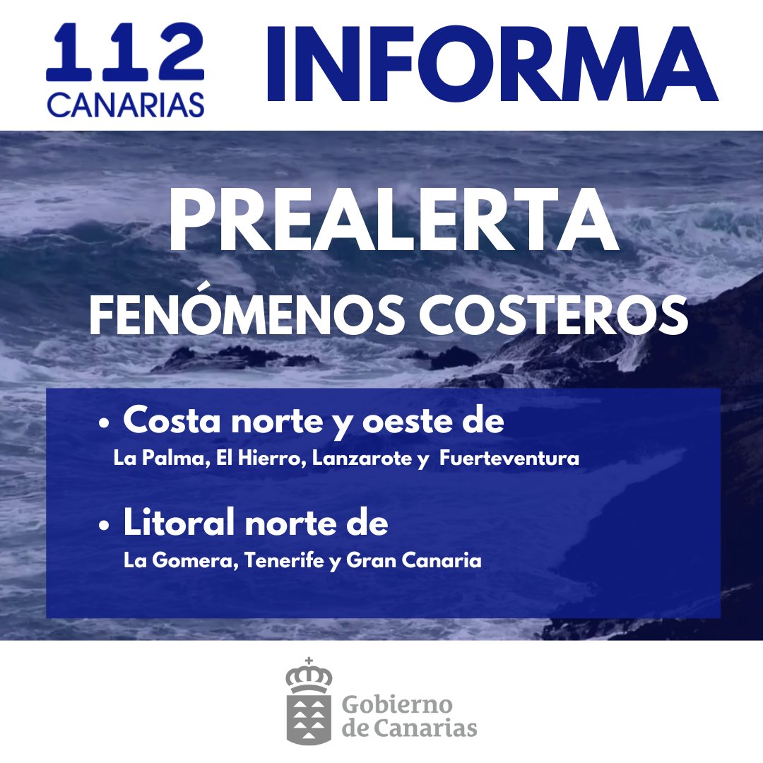 📢El Gobierno de Canarias declara la situación de #PrealertaFenómenosCosteros 

➡️Costa  norte y oeste de #LaPalma #ElHierro #Lanzarote y #Fuerteventura

➡️Litoral norte de #LaGomera #Tenerife y #GranCanaria

🗓️ 09/12
🕛12:00 horas

Más información ⬇️
www3.gobiernodecanarias.org/noticias/el-go…