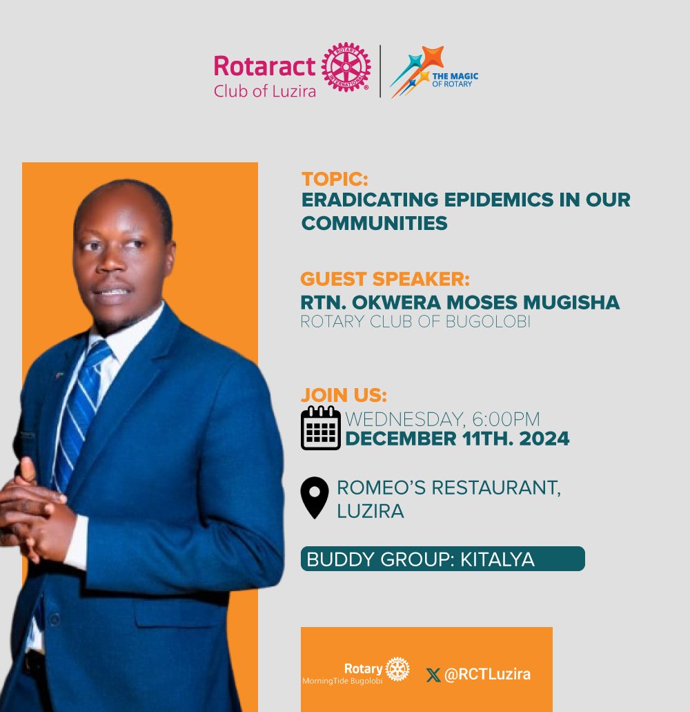 Rotaract Club of Luzira - The Wardens (@rctluzira) on Twitter photo "Did you know that vaccination is one of the most effective ways to prevent epidemics" Make it a point to Join us as we discuss the strategies in eradicating epidemics in our communities. <a href="/RcMorningTide/">#Tiders</a>
<a href="/RotaractD9213/">Rotaract District 9213</a>
<a href="/dgrotaryd9213/">DG Geoffrey Martin Kitakule</a>
<a href="/Rotary_Bugolobi/">Rotary Club of Bugolobi</a>
#PublicHealth
#Vaccination "Did you know that vaccination is one of the most effective ways to prevent epidemics" Make it a point to Join us as we discuss the strategies in eradicating epidemics in our communities. <a href="/RcMorningTide/">#Tiders</a>
<a href="/RotaractD9213/">Rotaract District 9213</a>
<a href="/dgrotaryd9213/">DG Geoffrey Martin Kitakule</a>
<a href="/Rotary_Bugolobi/">Rotary Club of Bugolobi</a>
#PublicHealth
#Vaccination