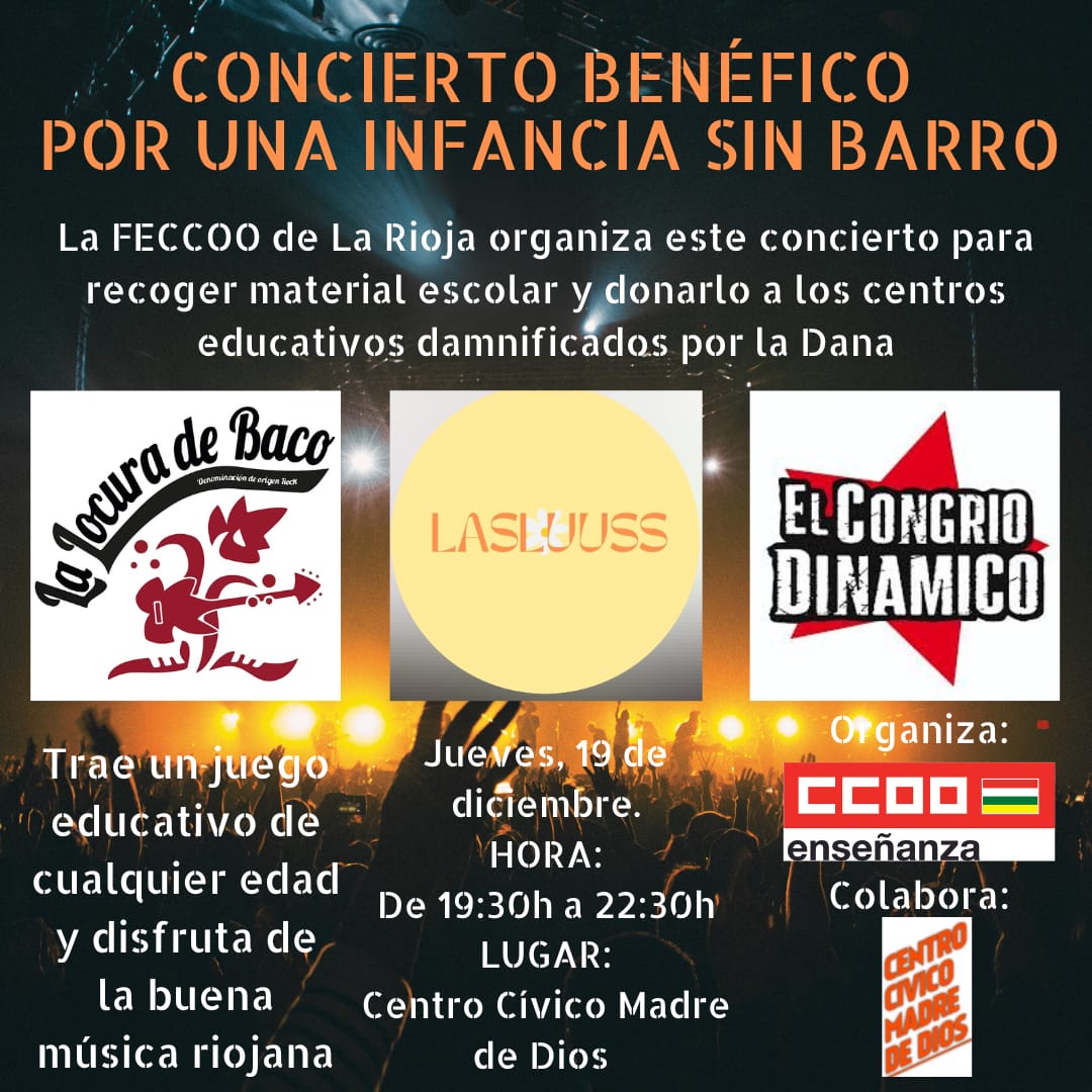 feccoorioja's tweet photo. Para acceder, es necesario llevar material escolar (juegos educativos, cuentos, cuadernos, estuches...) y podréis disfrutar de la buena música riojana.

Nos vemos el jueves, 19 de diciembre, de 19:30 a 22:30, en el Centro Cívico Madre de Dios.

¡Unidas por una infancia sin barro! https://t.co/W83pCR9hOo