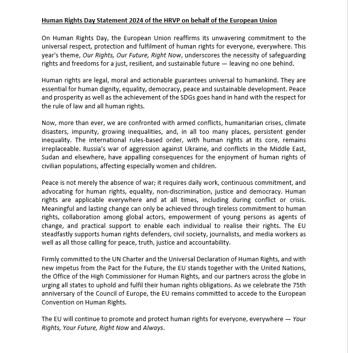 EUinRW's tweet photo. For the #HumanRightsDay find the statement in 🇬🇧&amp;🇫🇷 made by EU High Representative @KajaKallas on behalf of the EU.
Today, we’re reminded that human rights are about real lives and real people. Let’s make sure our rights shape a fair and just future for us all. https://t.co/huEDYyutS6