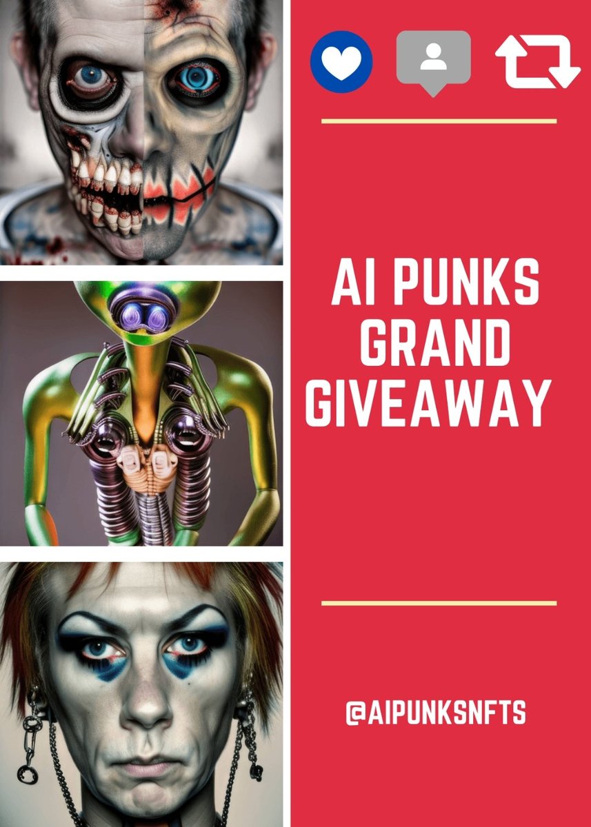 🎁 we're giving away 3 incredible #AIPunks #NFTs just, like last weeks! 
To enter:
1️⃣ Follow <a href="/AIPunksNFTs/">AI Punks NFT Collection</a>
2️⃣ Like &amp; Retweet 
3️⃣ Tag 3 friends 
 We'll announce the lucky winners on 16 December
opensea.io/assets/matic/0…

#NFTGiveaway #NFTCommunity #nft
#Giveaway #Airdrop #Trader