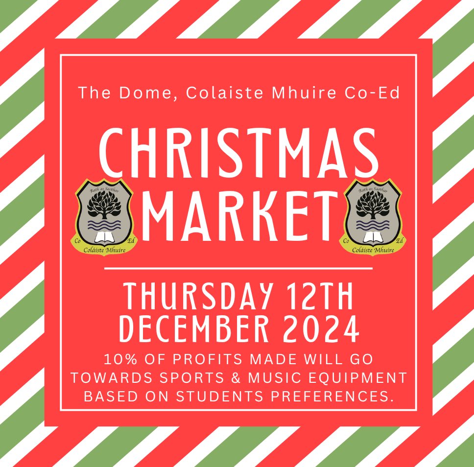 Join us at the <a href="/colmhuirecoed/">Coláiste Mhuire Co-Ed.</a> 💫Annual Christmas Market💫this 

🗓️Thursday 12th December 
📍The Dome 
⏰9:30am-12:30pm 
All are welcome!🎄🎁☃️🎅

#ChristmasMarket2024 #creativity #innovation  #etbcommunity #etbethos <a href="/TipperaryETB/">Tipperary Education and Training Board</a> <a href="/thurles_ie/">thurles.ie</a> <a href="/TipperaryLive/">TipperaryLive</a> <a href="/NenaghGuardian/">NenaghGuardian</a> <a href="/TippFM/">Tipp FM</a>