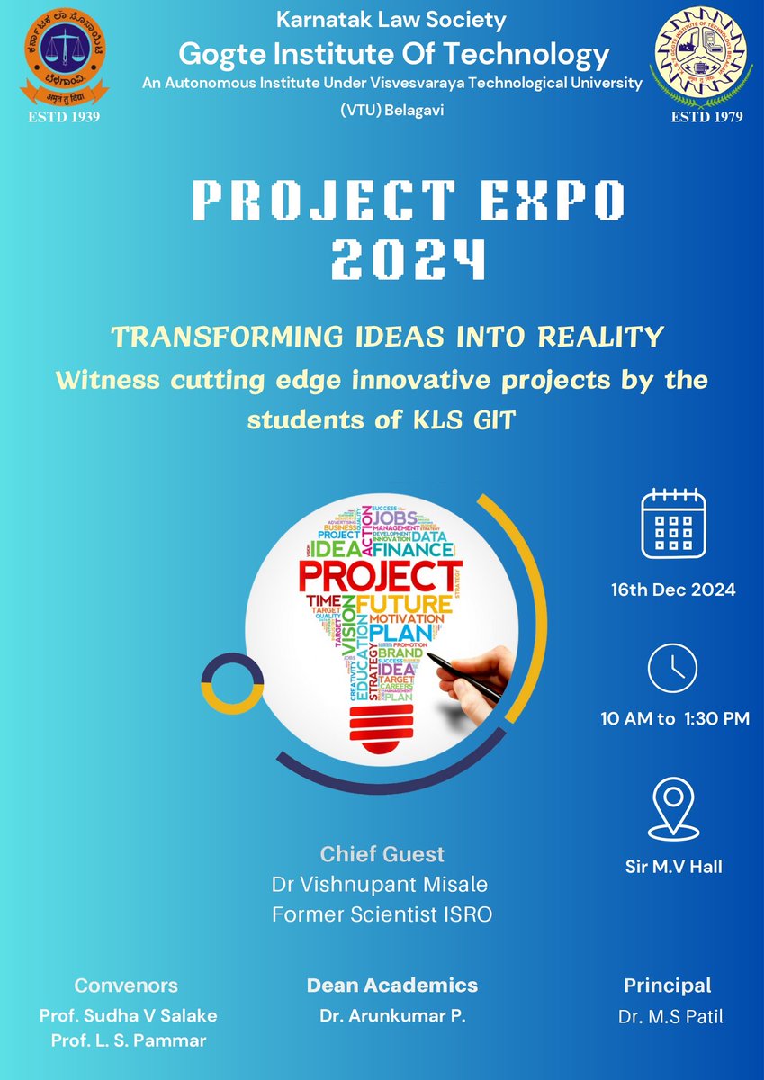 klsgitbelagavi's tweet photo. ๐ Join us at #ProjectExpo2024 on 16th Dec, 10 AM-1:30 PM @ Sir M.V. Hall, KLS GIT! Witness innovation as ideas transform into reality. #ProjectExpo2024 #Innovation #TransformingIdeas #KLSGIT #EngineeringForFuture #TechShowcase #InspiringMinds
@pnkathavi @NKathavi https://t.co/tcj2DK4VSk