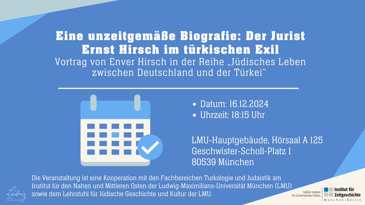 Über die bemerkenswerte Biografie des Juristen Ernst Hirsch, der in der Türkei Zuflucht vor der NS-Rassenpolitik fand, spricht sein Sohn Enver Hirsch am 16.12. an der @lmu_muenchen in unserer Reihe „Jüdisches Leben zwischen Deutschland und der Türkei“ : ifz-muenchen.de/veranstaltunge…