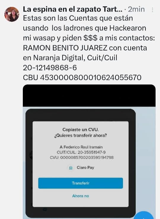 ESTAFA a través de esta Cuenta de Naranja Digital:
 RAMON BENITO JUAREZ
NARANJA DIGITAL
CBU 4530000800010624055670
CUIT/CUIL 20-12149868-6