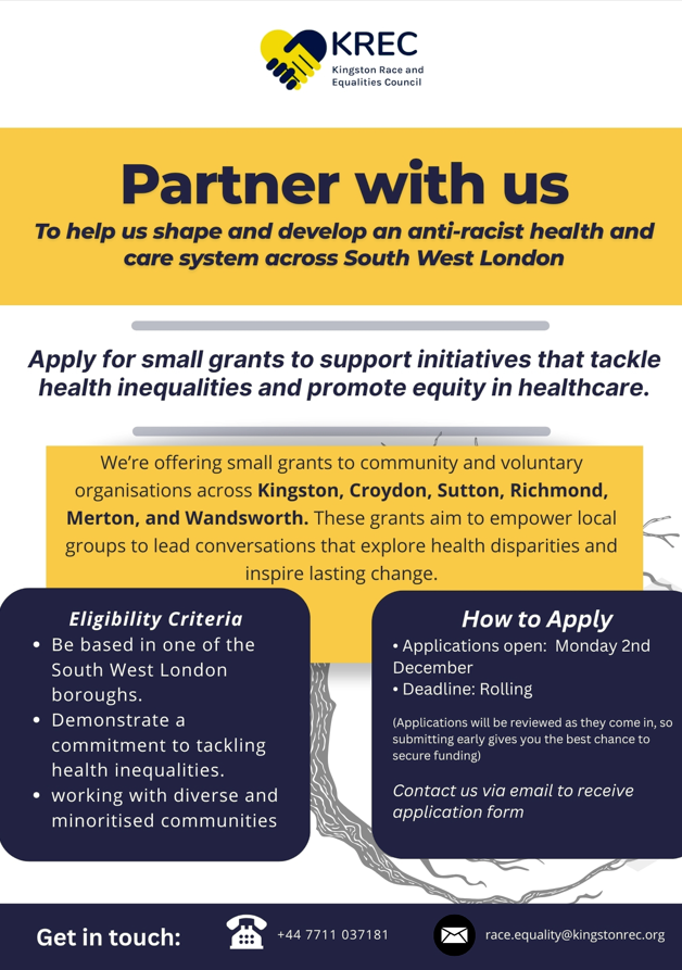 RichmondCVS (@rcvs_richmond) on Twitter photo <a href="/krec2016/">Kingston REC</a> new small grants programme
Are you a #VCS organisation in SW London with a commitment to tackling #health inequalities?
Online info sessions tomorrow & 18 Dec - eventbrite.co.uk/o/kingston-rac…
Or email race.equality@kingstonrec.org
<a href="/HW_Richmond/">Healthwatch Richmond</a> <a href="/MultiCRichmond/">Multicultural Richmond</a> <a href="/EalGroup/">Richmond EAL Friendship Group</a> <a href="/krec2016/">Kingston REC</a> new small grants programme
Are you a #VCS organisation in SW London with a commitment to tackling #health inequalities?
Online info sessions tomorrow & 18 Dec - eventbrite.co.uk/o/kingston-rac…
Or email race.equality@kingstonrec.org
<a href="/HW_Richmond/">Healthwatch Richmond</a> <a href="/MultiCRichmond/">Multicultural Richmond</a> <a href="/EalGroup/">Richmond EAL Friendship Group</a>