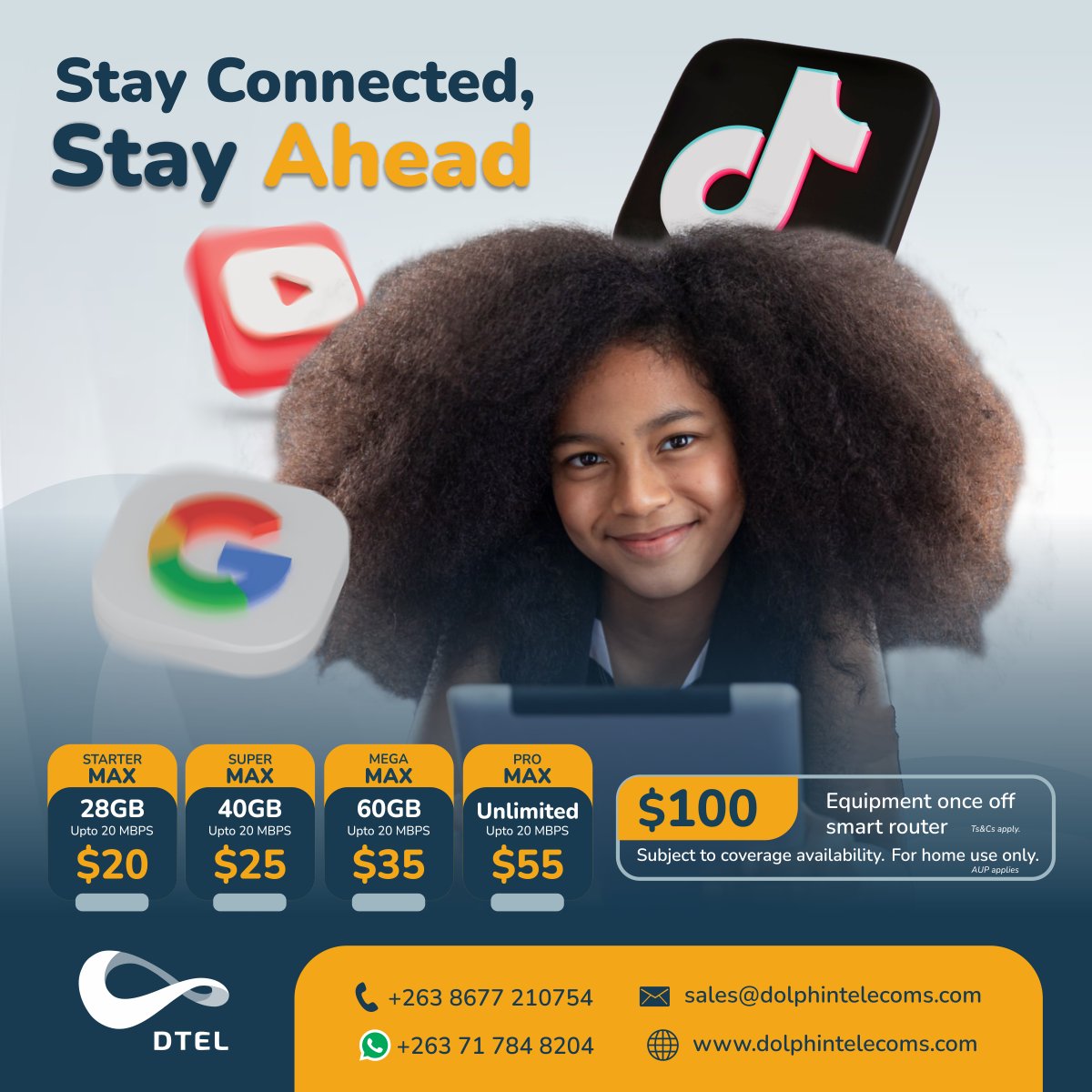 Experience seamless home internet with Dolphin Telecoms' Managed LTE. Optimised network, priority support, non-geo locked, and affordable pricing.

SIGN UP NOW  Click link below to our sales department wa.me/263717848204