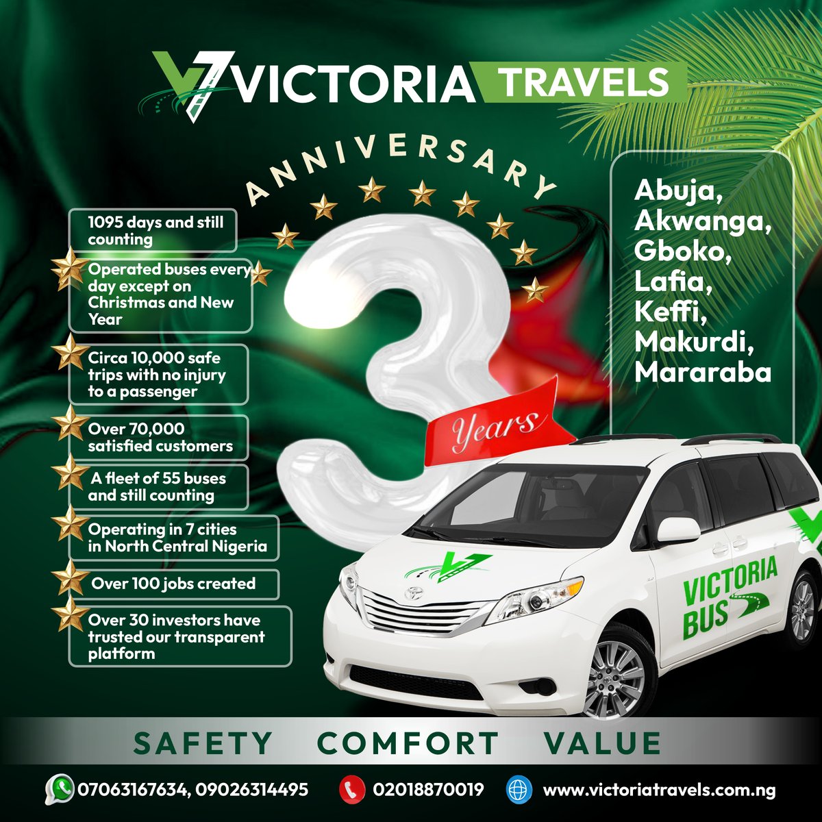 VictoriaBusNG's tweet photo. Celebrating our third anniversary. Thank you our esteemed passengers, investors and partners.
Its been God all the way.
#victoriatravelsturns3 https://t.co/xhrBjR5XBn