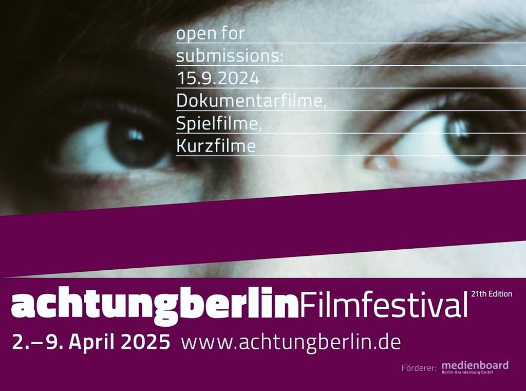 CALL FOR ENTRIES !
Bis 15. Dezember 2024 können Spielfilme, Dokumentarfilme, Mittellange Filme, Kurzfilme und Serie für das 21. achtung berlin Filmfestival eingereicht werden.
Fokus wie immer: Berlin-Brandenburg 
--> filmfreeway.com/achtungberlinf…