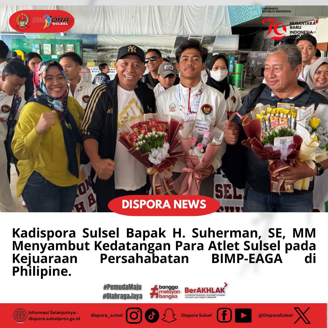 Kadispora Sulsel Bapak H. Suherman, SE, MM Menyambut Kedatangan Para Atlet Sulsel pada Kejuaraan Persahabatan BIMP-EAGA di Philipine. (Sabtu, 7/12/2024)