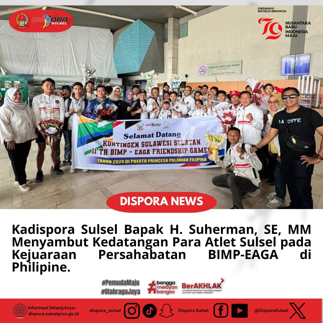 DisporaSulsel's tweet photo. Kadispora Sulsel Bapak H. Suherman, SE, MM Menyambut Kedatangan Para Atlet Sulsel pada Kejuaraan Persahabatan BIMP-EAGA di Philipine. (Sabtu, 7/12/2024) https://t.co/UmkCdd9YEv