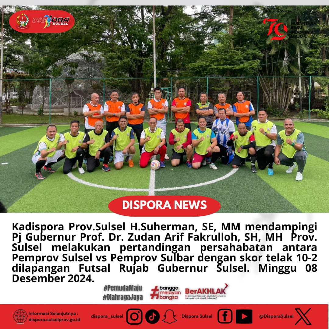 Kadispora Prov.Sulsel H.Suherman, SE, MM mendampingi Pj Gubernur Prof. Dr. Zudan Arif Fakrulloh, SH, MH  Prov. Sulsel melakukan pertandingan persahabatan antara Pemprov Sulsel vs Pemprov Sulbar dengan skor telak 10-2 dilapangan Futsal Rujab Gubernur Sulsel Minggu 08 Desember 2024