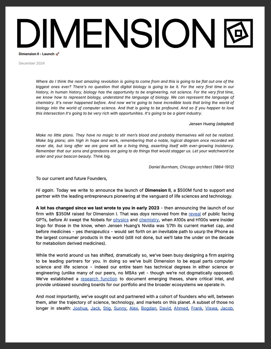 zavaindar's tweet photo. Today we're unveiling Dimension II: a $500M fund to support and partner with the leading builders at the vanguard of life sciences and technology. 

To our entrepreneurs, past present and future: Our work is far from done. LFG.