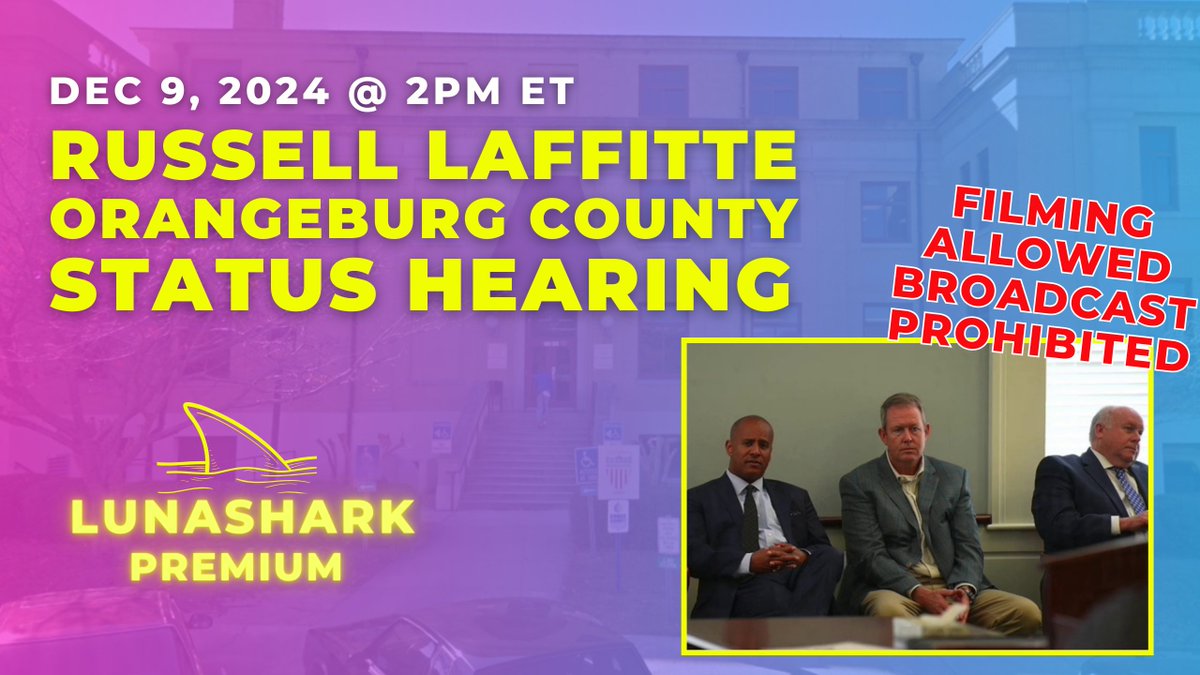 Russell Laffitte's State Charges Status Hearing Occurs Today Monday Dec. 9, 2024 at 2pm. <a href="/TheEricBland/">Eric Bland</a>, Creighton Waters and the defense are slated to attend this hearing in Orangeburg County before Judge Heath Taylor.   We'll break it down on tomorrow's #cupofjustice podcast.