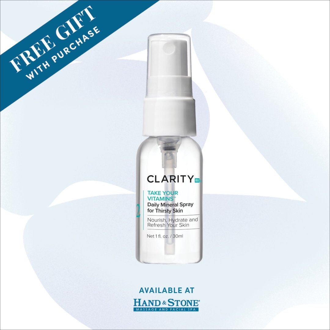 HandStoneRal's tweet photo. ClarityRx gift with purchase: 

Elevate your skincare routine with ClarityRX. Spend $100 and receive a complimentary deluxe travel-sized Take Your Vitamins serum.

#HandAndStone #Dermalogica #SkinCare https://t.co/y5JpSX6N0V