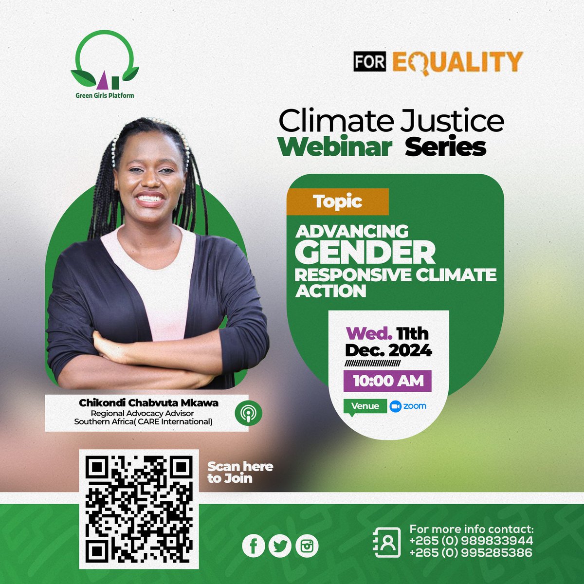 Join our final Climate Justice webinar of the year to gain valuable insights on advancing gender responsive climate Action. 

Join using this link  is.gd/mAwH88 or scan QR code on the flyer 

We hope to see you there!