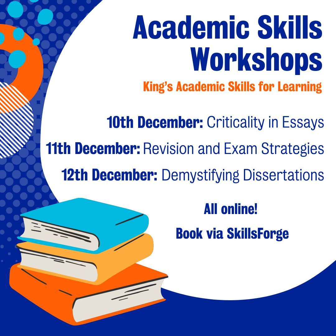 YourIoPPN's tweet photo. Need some study support? Check out these workshops by King's Academic Skills for Learning 📚

10th December @ 4.00pm: Criticality in Essays
11th December @ 2.30pm: Revision &amp; Exam Strategies 
12th December @ 3.30pm: Demystifying Dissertations 

Book here: https://t.co/bOnma3tXVI https://t.co/TVS9VQ2tEp