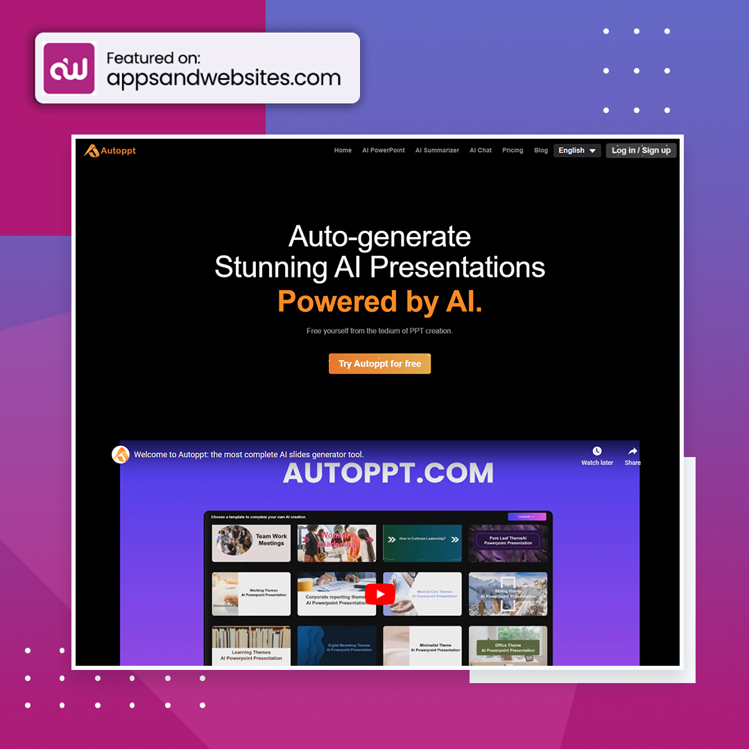 AppsandWebsites's tweet image. 🎉 This AI-driven tool offers rich templates to help you generate professional presentations in no time. Elevate your ideas with Autoppt today! 

#PresentationTool #AI #Autoppt

Visit our directory for more AI productivity solutions: appsandwebsites.com/directory/ai-t…