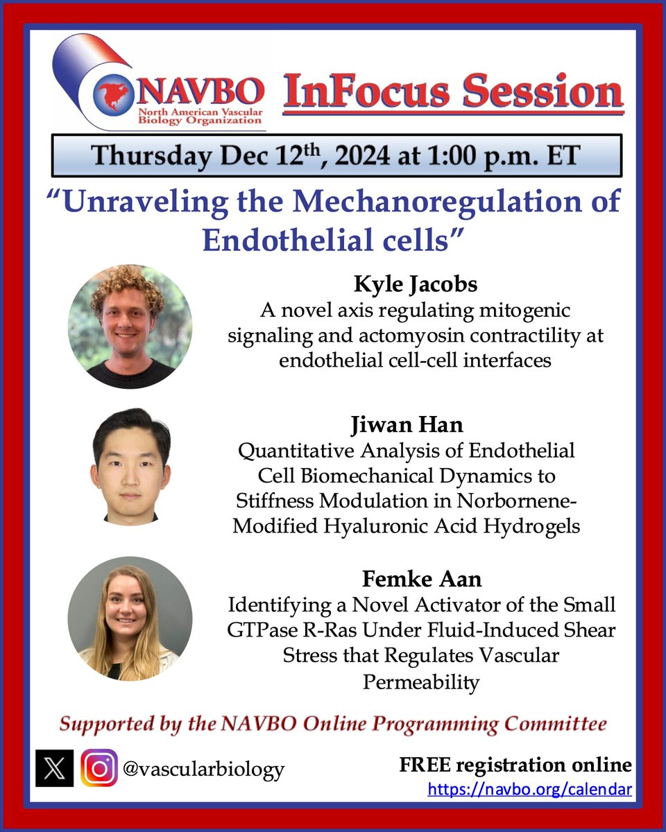 vascularbiology's tweet photo. Join us! #NAVBO #InFocusSession Thursday, 12/12 1pm ET. Unraveling the Mechanoregulation of Endothelial cells. Featuring Kyle Jacobs, Jiwan Han, and Femke Aan! Organized by Jessica L. Teo.
Register: https://t.co/e8LqcJ9l9j https://t.co/PYUvAP7JLr