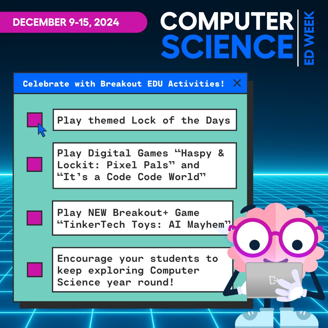 It’s Computer Science Education Week! 💻 🎉 Engage students with fun coding and problem-solving activities including themed Lock of the Days, Digital Games, and a NEW Breakout+ adventure. #CSEdWeek