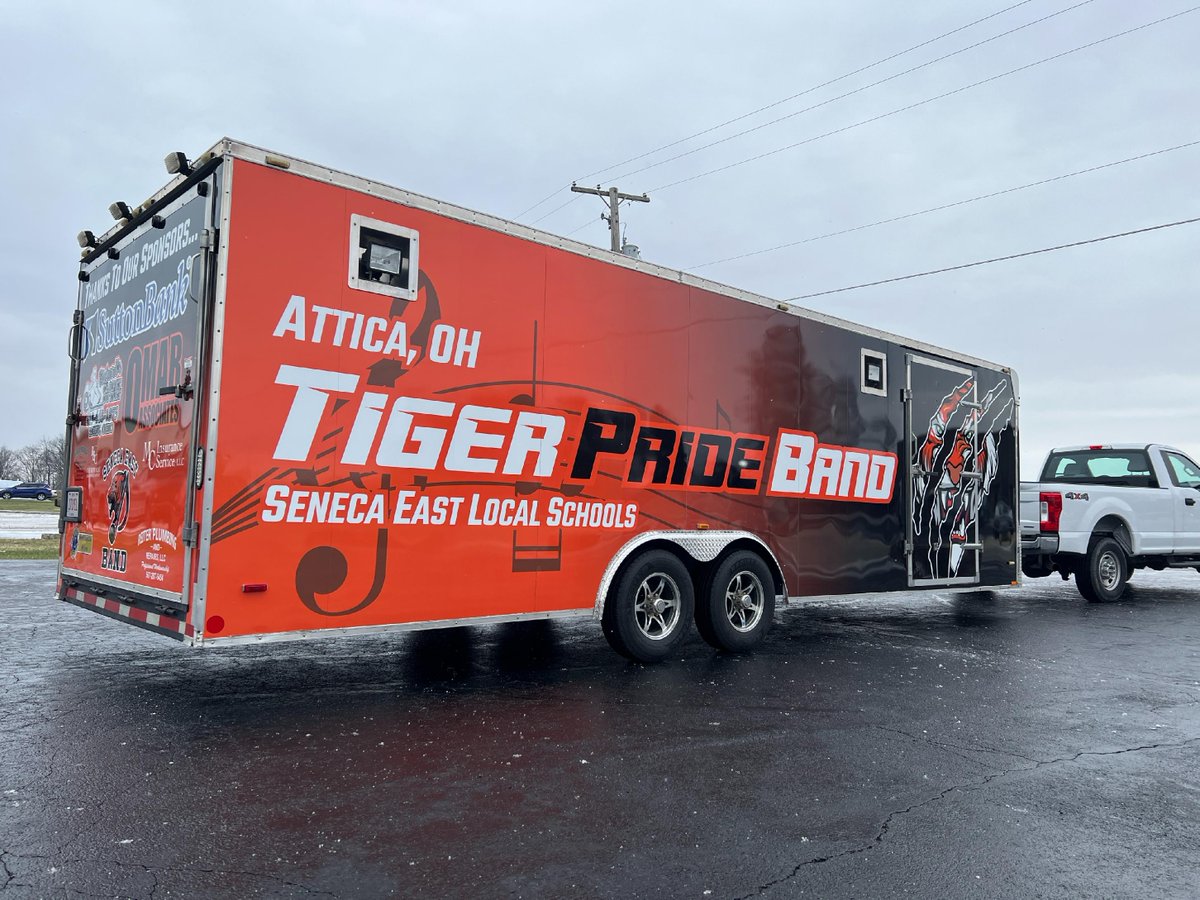 SenecaEast's tweet photo. ๐ถ Our new band trailer has arrived! ๐ A huge thank you to our sponsors for helping us wrap it. This will definitely inspire pride in our band members as they hit the road! ๐ฅ๐บ #SETigers https://t.co/WkiF3MSTUf