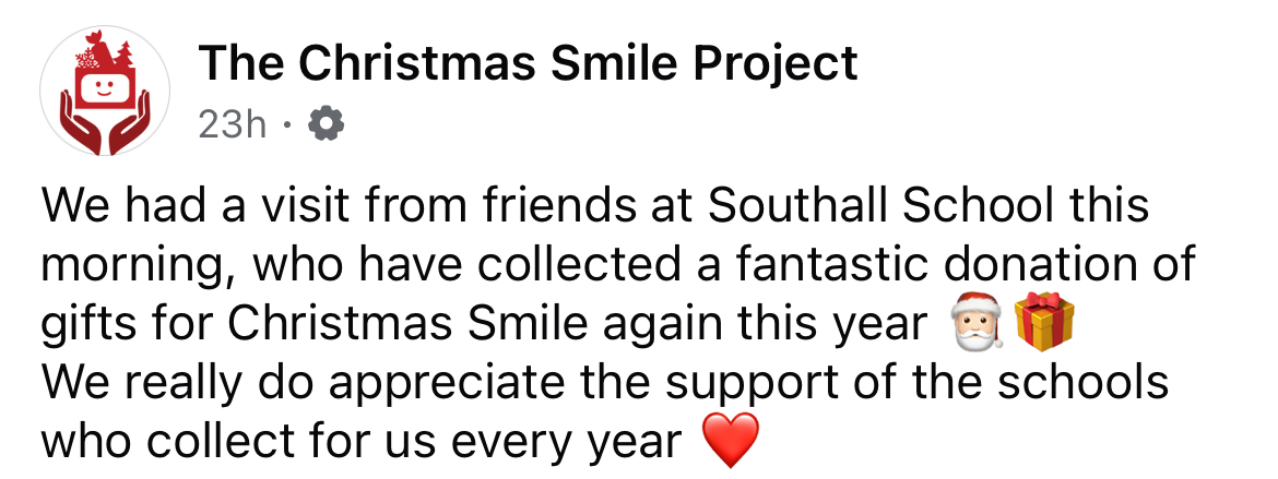 Southall School (@southalltelford) on Twitter photo Thank you to everyone who took the time to donate to the <a href="/ChristmasSmile/">ChristmasSmile</a>, your generosity and kindness will ensure some families a very happy Christmas. #Thakyou #MerryChristmas #ChristmasSpirit #Donate Thank you to everyone who took the time to donate to the <a href="/ChristmasSmile/">ChristmasSmile</a>, your generosity and kindness will ensure some families a very happy Christmas. #Thakyou #MerryChristmas #ChristmasSpirit #Donate