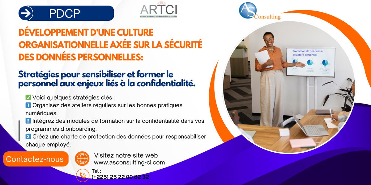 asconsulting225's tweet photo. 🔒 Protéger les données personnelles, une priorité en Côte d’Ivoire ! 🌍
Sensibilisez votre équipe avec des ateliers, formations et une charte interne. La sécurité commence avec chacun de nous ! 💡 #CyberSécurité #CotedIvoire https://t.co/veRAJDXAzB