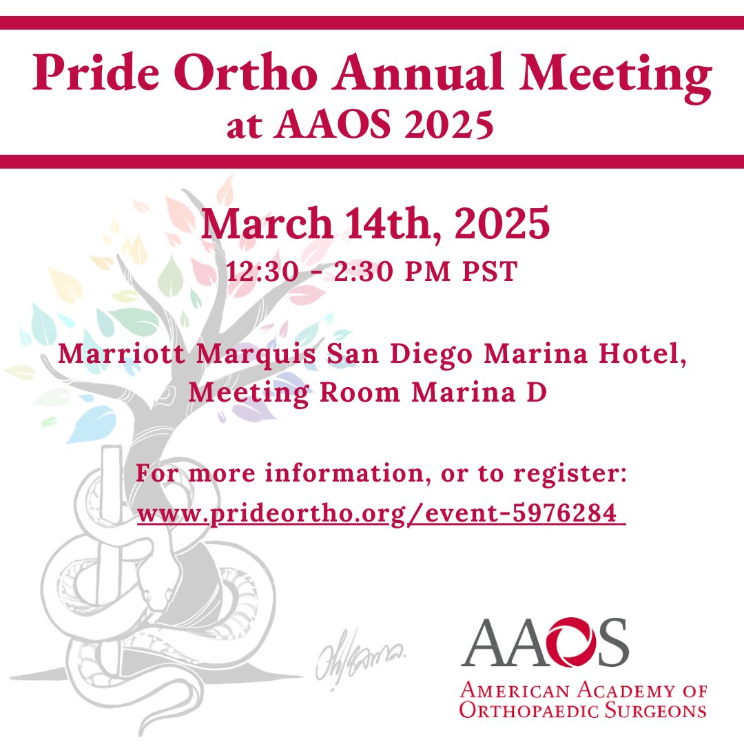 📣 Register now for Pride Ortho's Second Annual Meeting at AAOS 2025 in San Diego!
The meeting is free and lunch will be provided. 
Register here: prideortho.org/event-5976284 

Stay tuned for more details!
