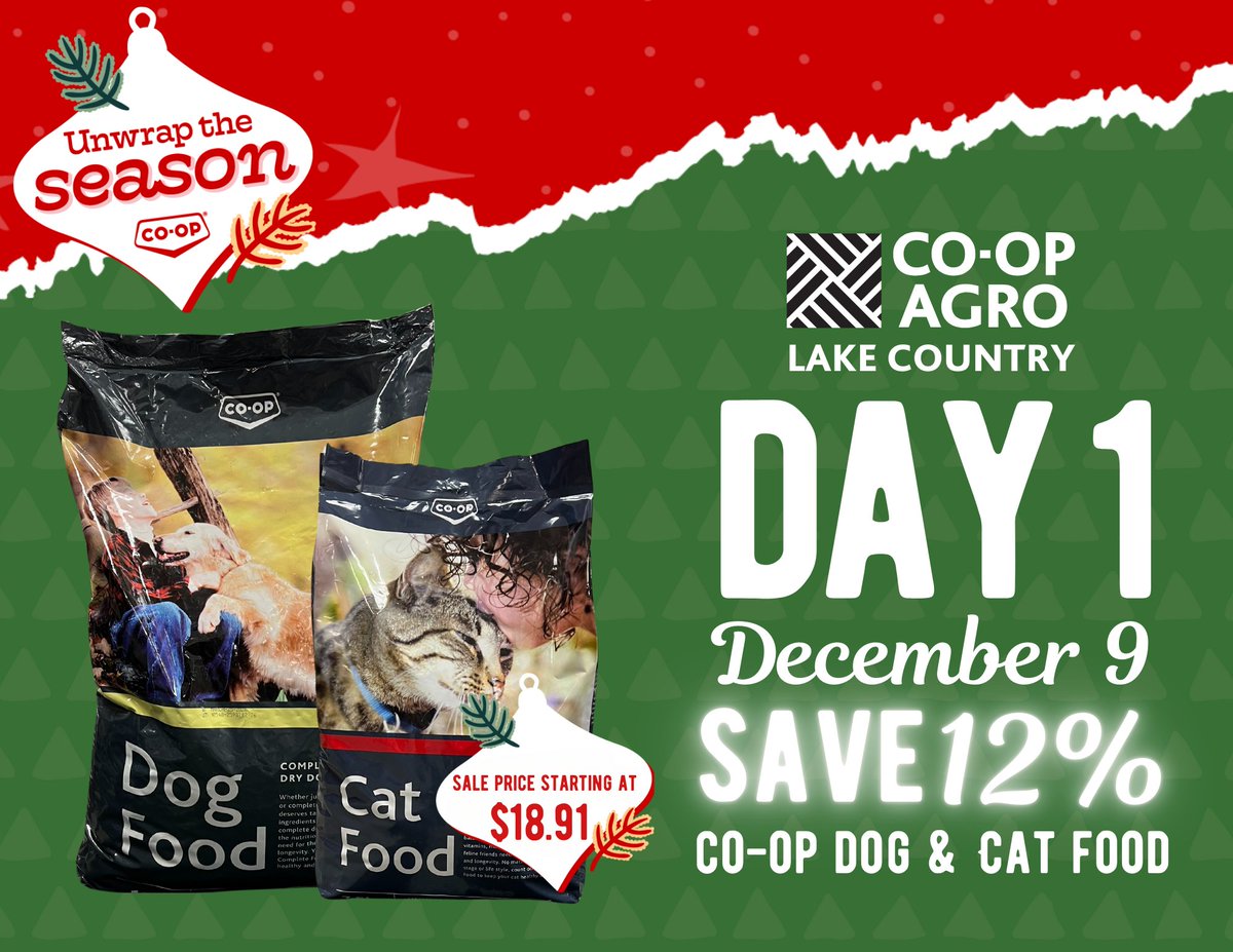 🐾Day 1 of Agro 12 Days of Deals is here! 🐾
 
Today ONLY – Save on Co-op Dog or Cat Food, starting at just $18.91! 🎁 Treat your furry friends to the best, while saving!  Don't wait – shop now and stock up! 🐶🐱